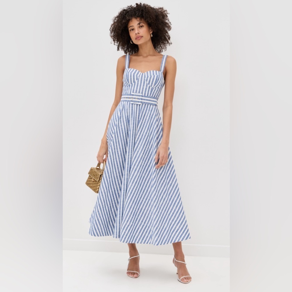 NEW Cara Cara Calypso Midi Dress Ivory Blue Striped Seersucker | US 6 UK 10 - Picture 4 of 14